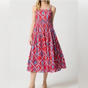 NWT J.Crew Women’s Strappy Midi Dress Bright Cerise Blue Size 10 Fish Print